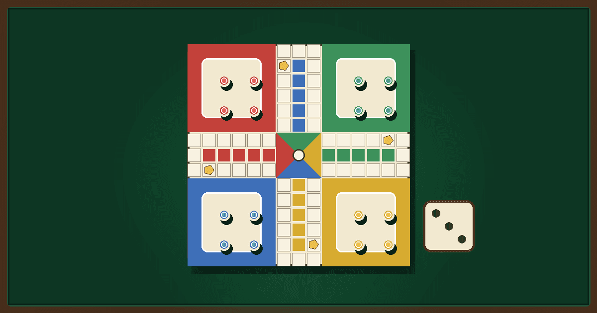 Tabuleiro de Ludo com peões vermelhos, azuis, verdes e amarelos e um dado sobre feltro verde