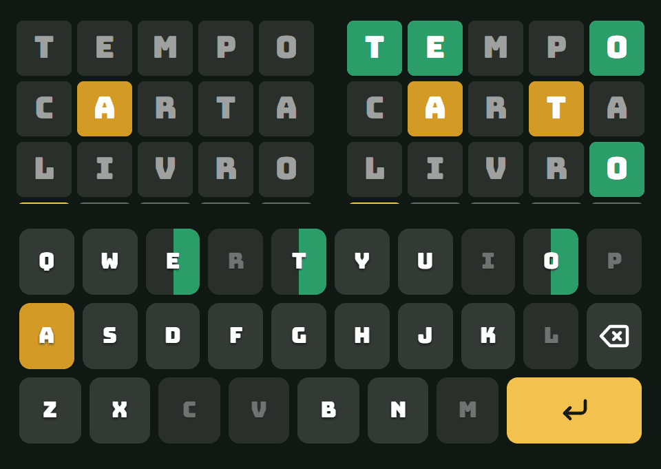 Teclado do Verbete mostrando as cores para cada palavra no Dueto