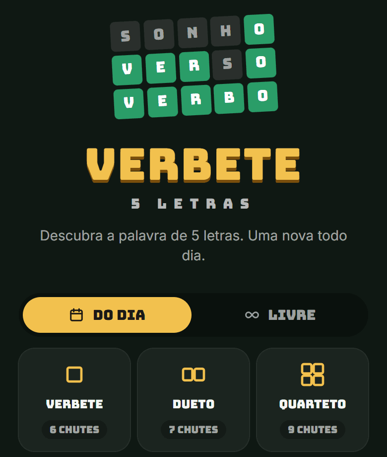 Tela de modos do Verbete: do dia, livre, dueto e quarteto