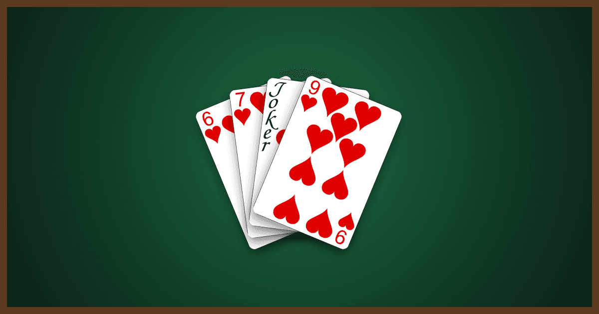 Cartas de buraco em leque: 6, 7 e 9 de copas com um coringa no meio