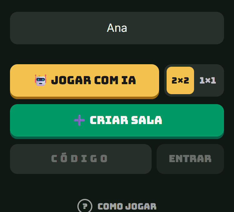 Tela do Buraco no celular com o nome preenchido e os botões Jogar com IA, Criar sala e Entrar com código