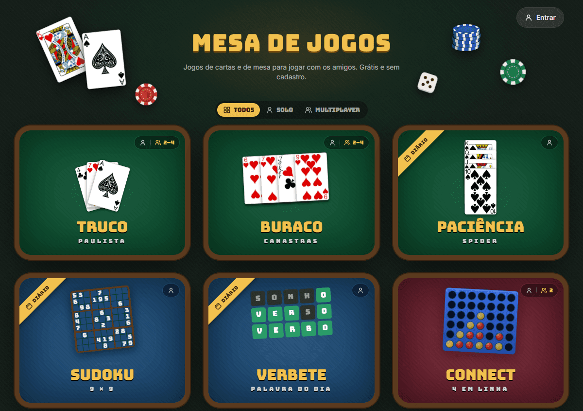 Página inicial do Mesa de Jogos com os cartões de Truco, Buraco, Paciência Spider, Sudoku, Verbete e Connect 4