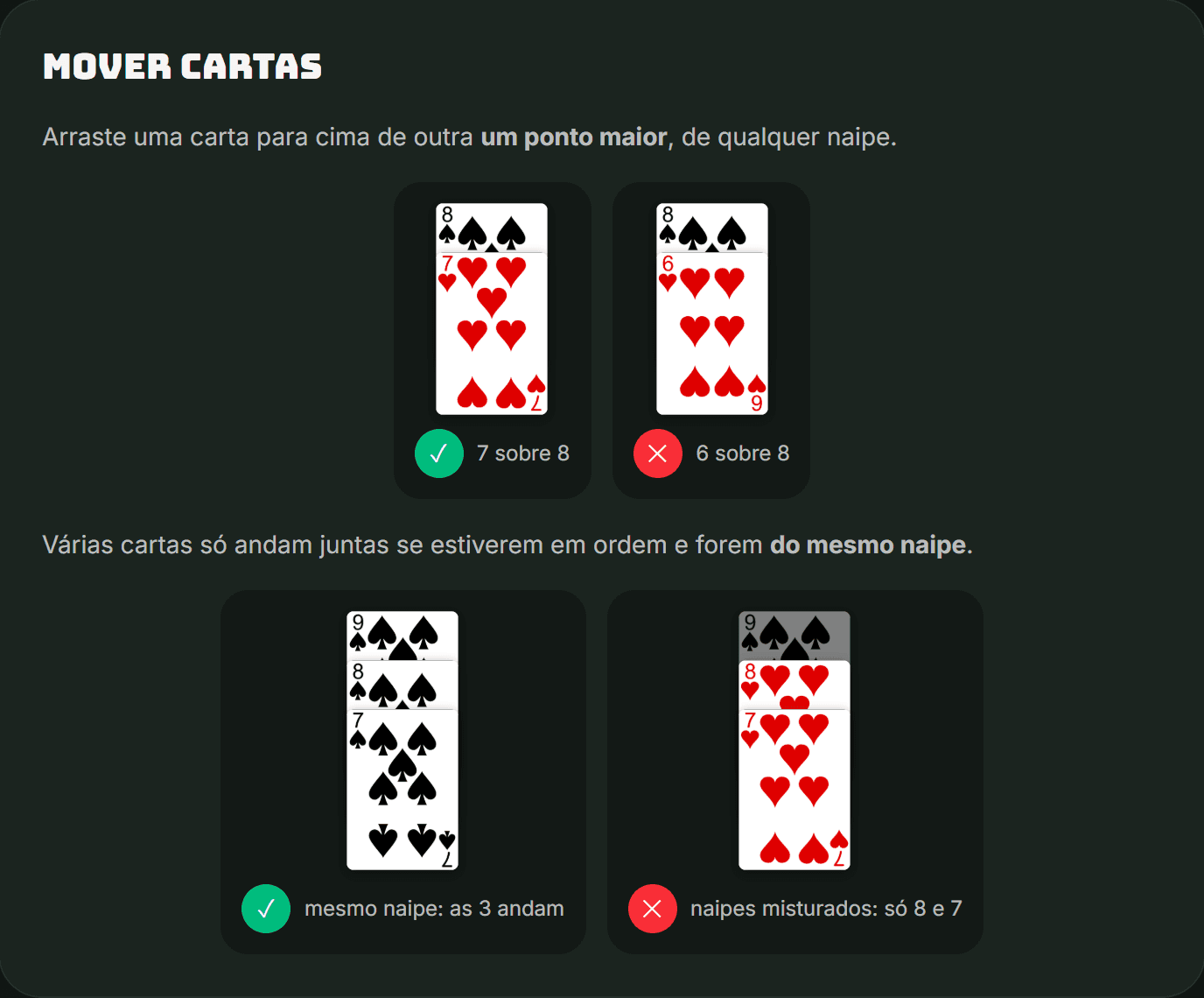 Exemplos de movimento na Paciência Spider: 7 sobre 8 pode, 6 sobre 8 não, e só sequências do mesmo naipe andam juntas